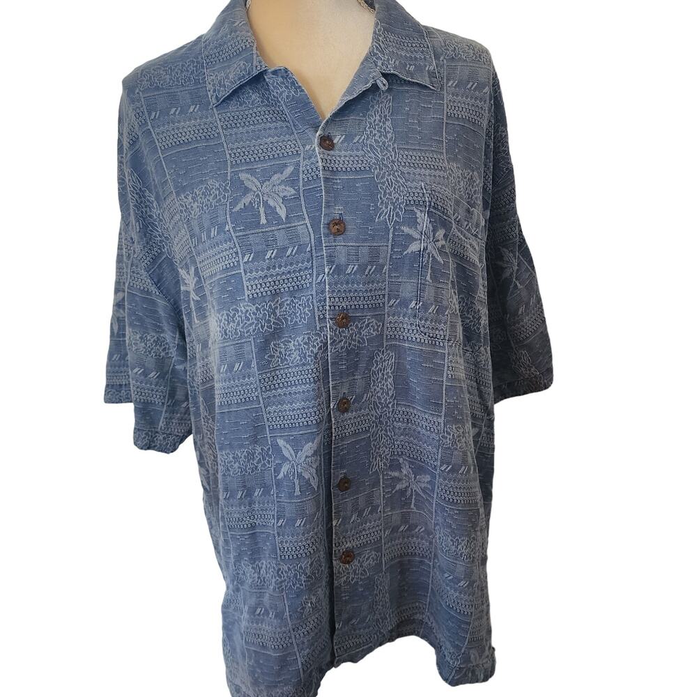 Jamaica Jaxx Blue Silk Hawaiian Palm Trees Button Down Short Sleeve Shirt XL